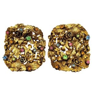 Musi Shoe Clips Gold Leaf Pastel Rhinestone Faux Pearl Floral Ornate Vtg Regency